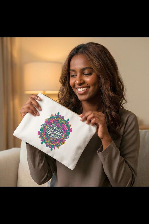 Floral Mandala Cosmetic Bag | Cotton Canvas Zipper Pouch Clutch