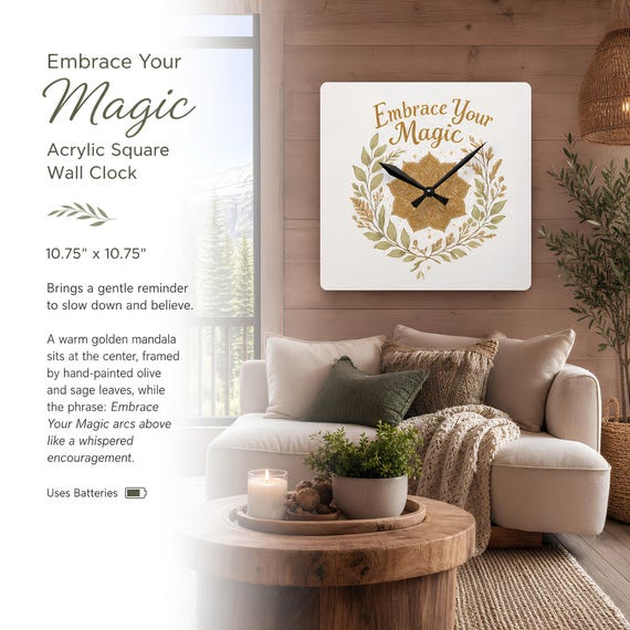 Boho Floral Mandala Acrylic Wall Clock, “Embrace Your Magic”