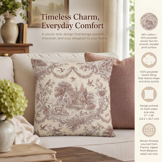 Woven Pillow, Cotton Polyester Toile Cushion | 17 x 18 Inch Cottagecore Decor