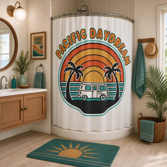 70s Retro Sunset Palm Shower Curtains | Mid Century Vintage Tropical
