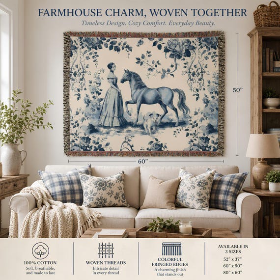 Woven Blanket, 100% Cotton Horse And Lady Toile Design With Fringed Edges