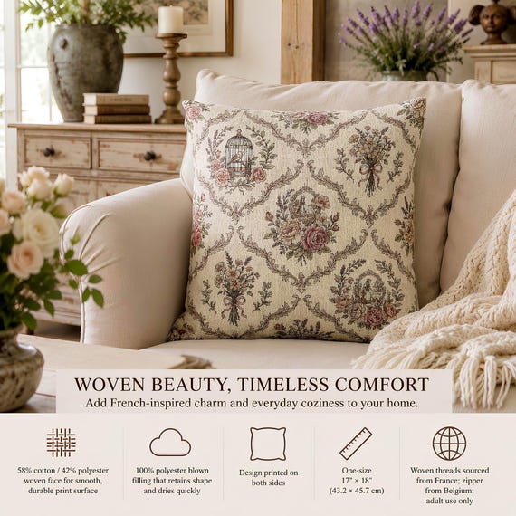 Woven Pillow, Vintage Floral Toile Design, 17 × 18 Cotton Blend