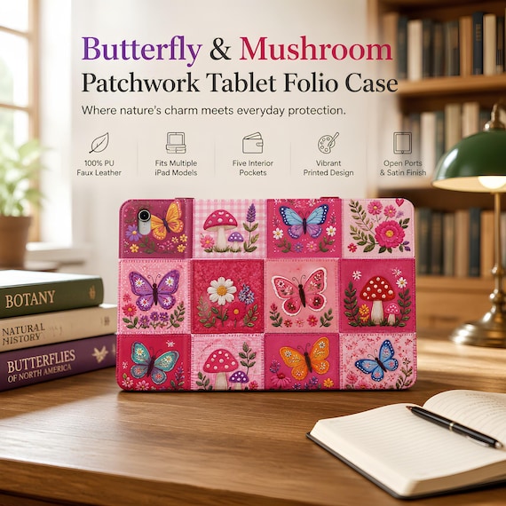 Tablet Folio Case, Vegan PU Leather Butterfly And Mushroom Patchwork