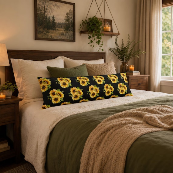 Sunflower Pattern Body Pillow, Yellow Floral Botanical Decor