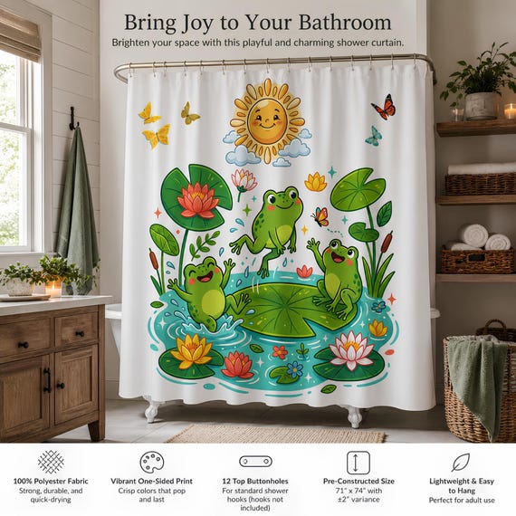 Frog Shower Curtain, 100% Polyester Pond Bathroom Decor