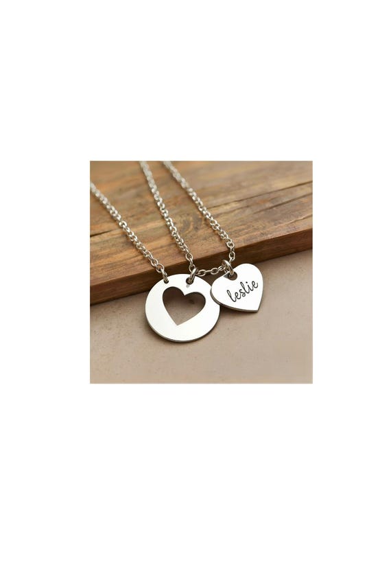Engraved Heart Pendant Necklace, Stainless Steel Double Pendant