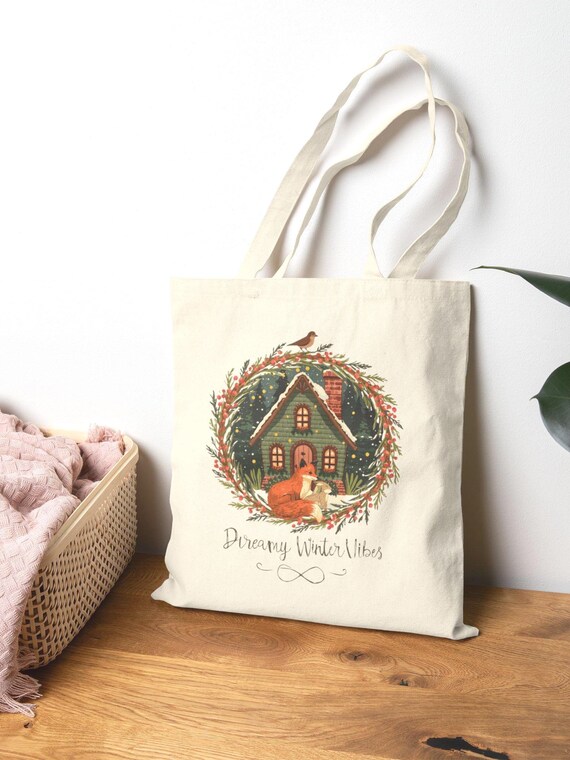 Cottagecore Winter Fairy Hut and Woodland Fox Tote Bag Design| Canva