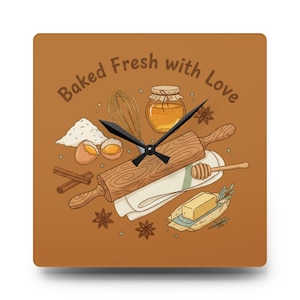 May include: Square wall clock with a brown background featuring baking illustrations. The clock face includes a rolling pin, whisk, honey jar, butter, eggs, and the text "Baked Fresh with Love."