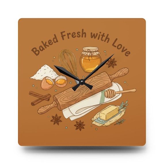 Baked Fresh with Love Acrylic Wall Clock | Baking Ingredients Kitchen Decor