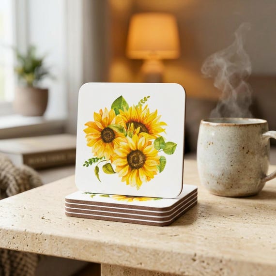 Sunflower Coasters, Natural Cork 3.7-Inch Round Drink | Glossy Hardboard