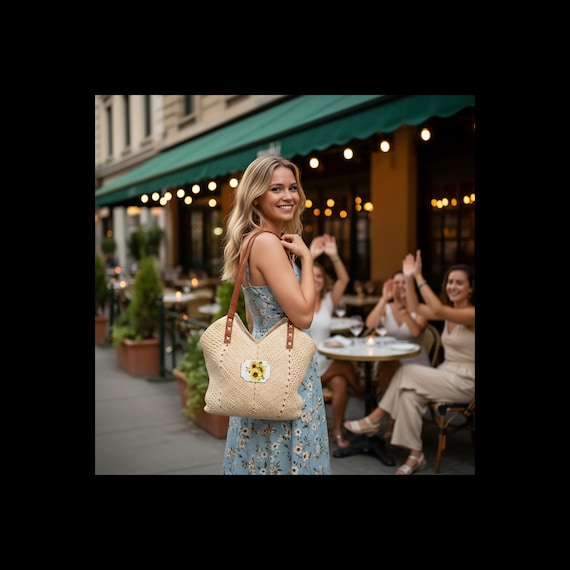 Sunflower Bouquet Straw Shoulder Bag | Floral Tote, Summer Beach Bag