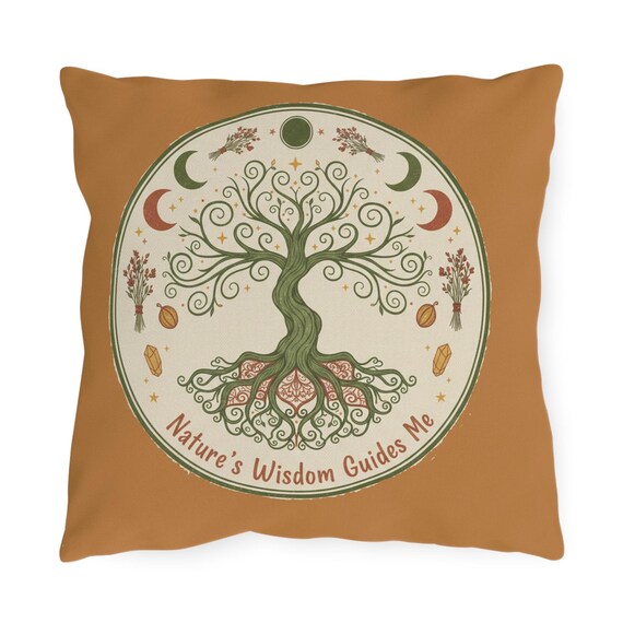 Nature's Wisdom Tree Outdoor Pillow | Earthy Boho Roots & Moon Phases