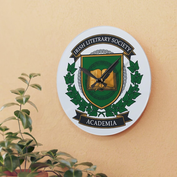 Irish Literary Society Academia Acrylic Wall Clock | Heraldic Crest, Ivy Wreath