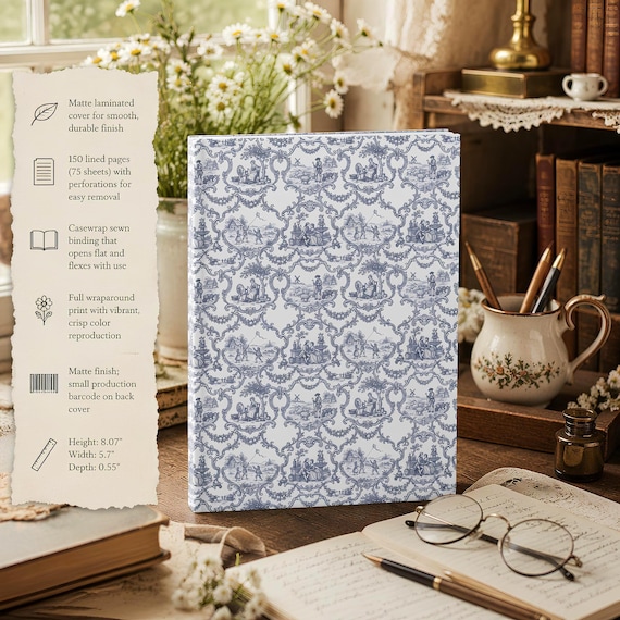 Hardcover Journal, Blue Victorian Toile Pattern | 150 Lined Pages