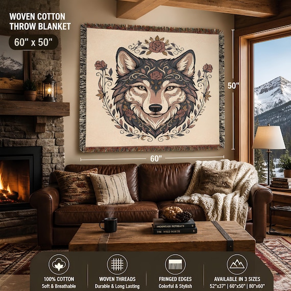 Woven Blanket, 100% Cotton Wolf Design With Fringed Edges