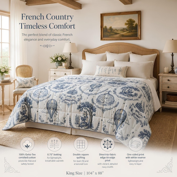 Lightweight Bedding, Indigo Cotton Comforter With Hot Air Balloon Toile Print