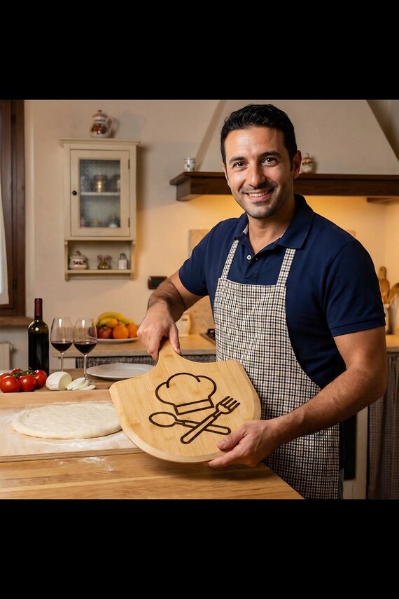 Personalized Bamboo Pizza Board | Engraved Pizza Peel-Chef Hat and Cutlery