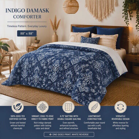 Blue Damask Cotton Comforter, Indigo Floral Pattern With White Reverse