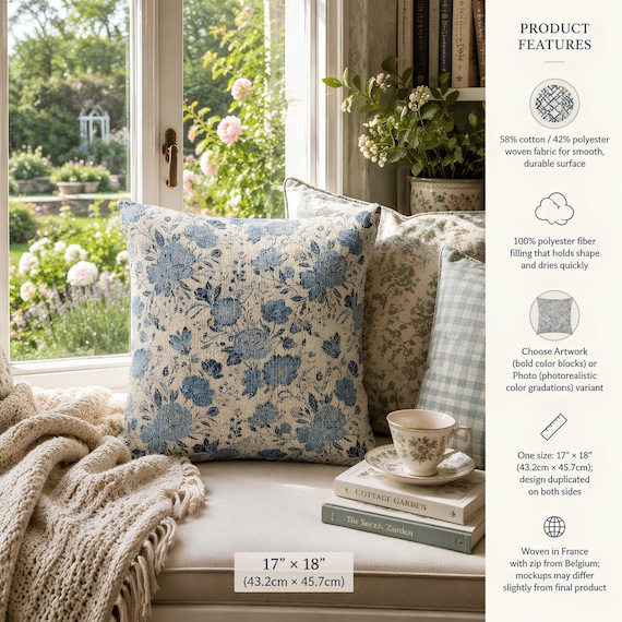 Blue Floral Pillow, 17" x 18" Woven Cotton-Polyester Fabric