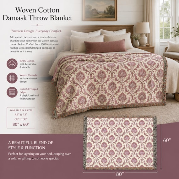 Woven Blanket, 100% Cotton Damask Pattern | Three Sizes