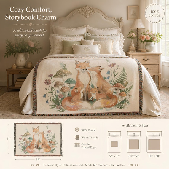 Woodland Fox Family Woven Blanket | Floral Mushroom Nature Throw