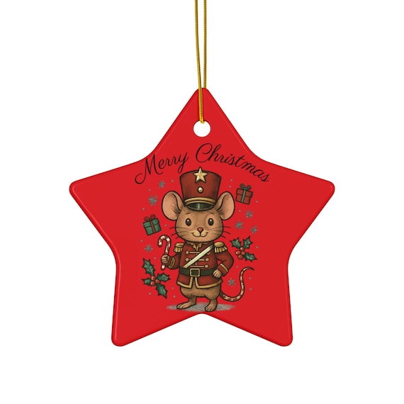 Nutcracker Mouse Merry Christmas Ceramic Ornament | Star