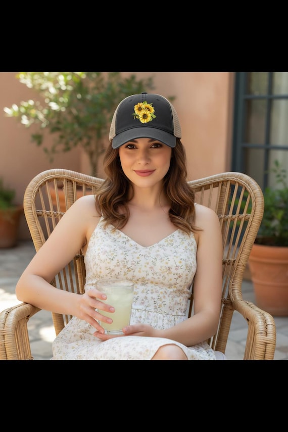 Embroidered Sunflower Bouquet Trucker Hat - Washed Mesh-Back Cap with Ponytail Opening Vintage - Cotton Baseball Hat