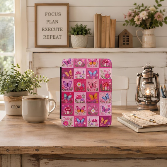 Floral Kindle Case, Pink Patchwork PU Leather Cover for 7-Inch
