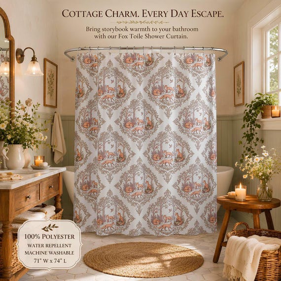 Fox Toile Shower Curtain, Vintage-Inspired Woodland Decor in Neutral Tones