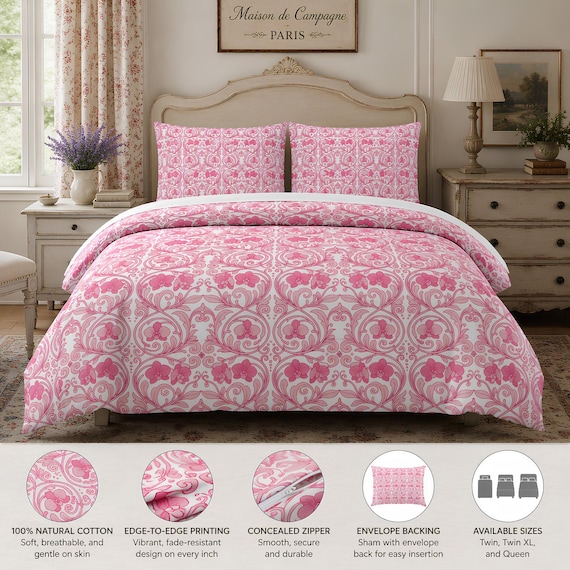 Floral Duvet, Pink Cotton Bedding With Envelope-Backed Shams