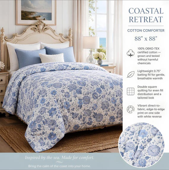 Floral Comforter, Blue 100% Cotton Botanical Print | Lightweight Quilted