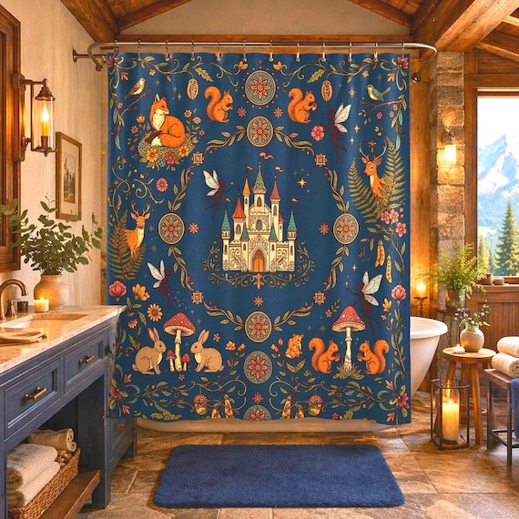Boho Shower Curtain with Enchanted Castle Forest Design | Whimsical Woodland Decor