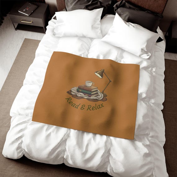 Read & Relax Book Stack Blanket | Cozy Reading Lamp Illustration