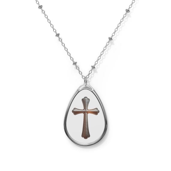 Cross Pendant Oval Necklace | Religious Teardrop Pendant