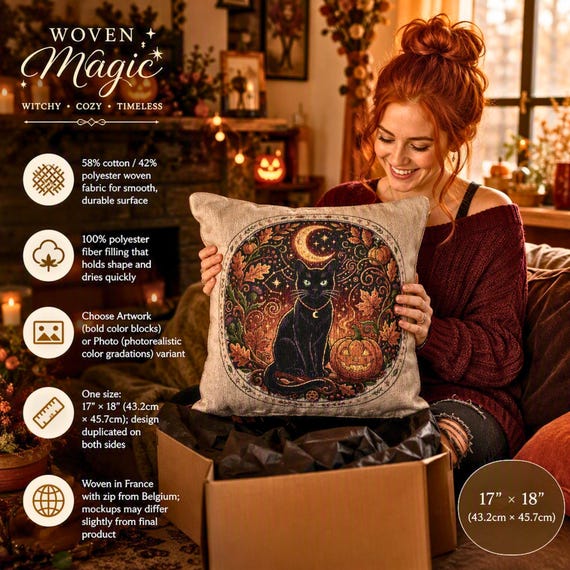 Reading Nook Pillow, Black Cat Crescent Moon Woven Cotton Blend, 17 × 18 Inch