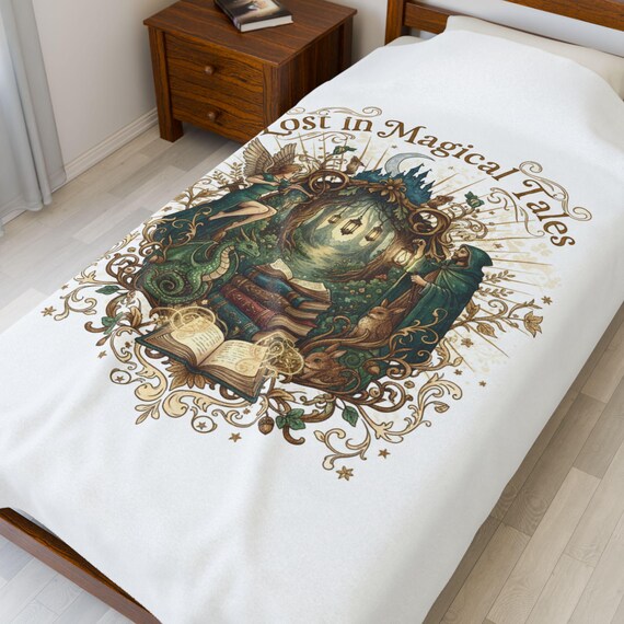 Lost in Magical Tales Velveteen Plush Blanket | Fantasy Storybook Illustration