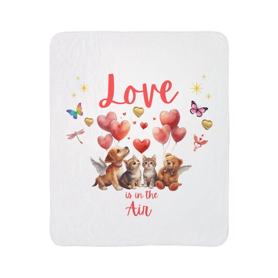 Love is in the Air Fleece Sherpa Blanket | Heart Balloons Puppies Kittens