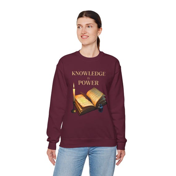 Knowledge Is Power book illustration Sweatshirt | open book, candle, vintage ink