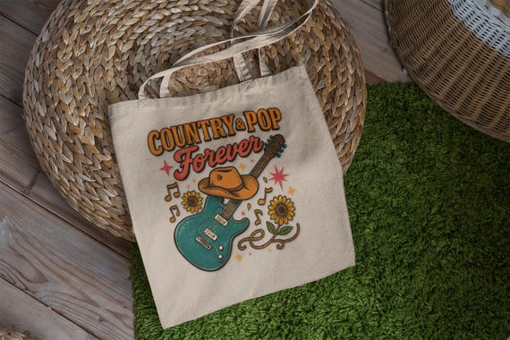 Country Pop Forever Retro Guitar & Sunflower Tote Bag