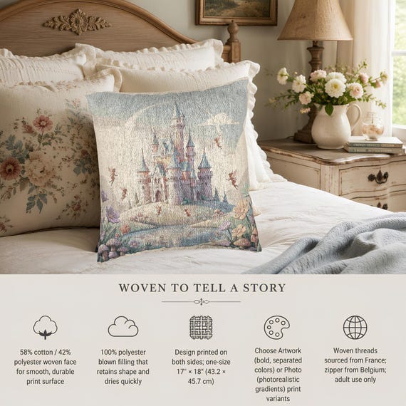 Castle Pillow, Woven Pastel Tapestry 17 x 18 | Double-Sided Design