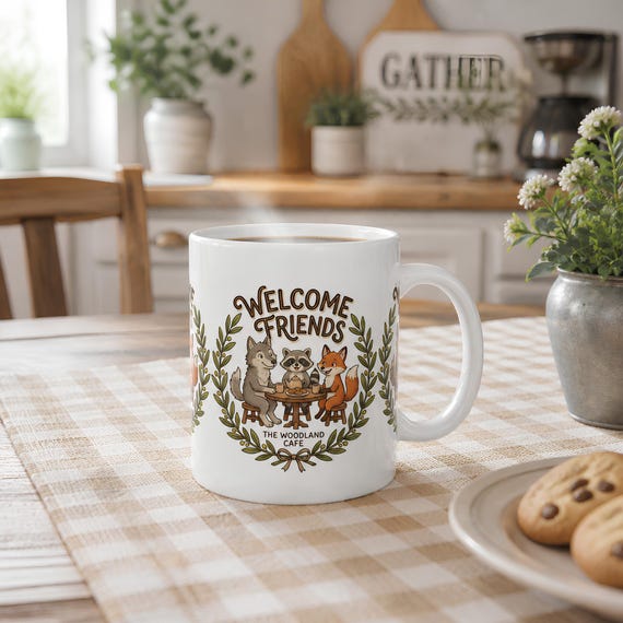 Welcome Friends Mug, Glossy Ceramic Woodland Animal Design, 11oz or 15oz