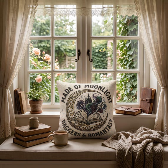Reading Nook Pillow, 58% Cotton/42 Polyester Woven Cover, Open Book And Crescent Design