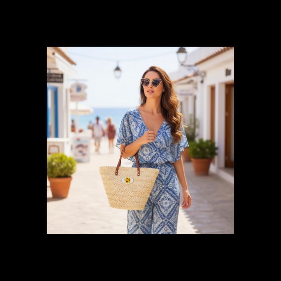 Sunflower Tote Bag, Woven Straw with Leather Handles