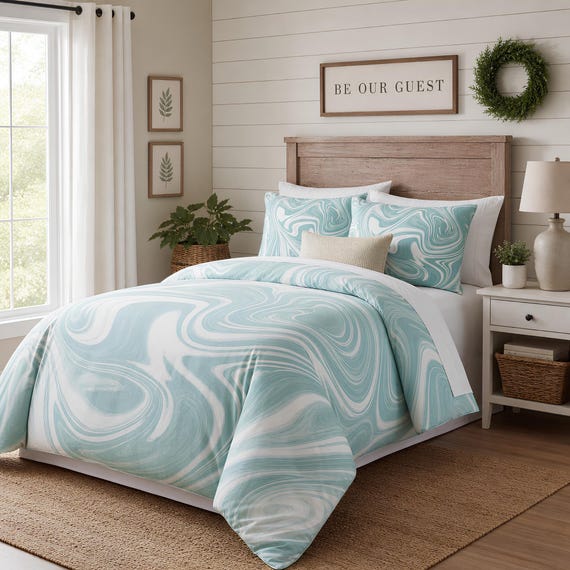 Teal Swirl Cottagecore Duvet Cotton Bed Set | Farmhouse Bedding