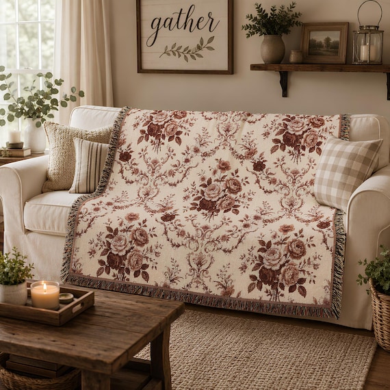 Woven Blanket, 100% Cotton Floral Damask Pattern With Fringed Edges