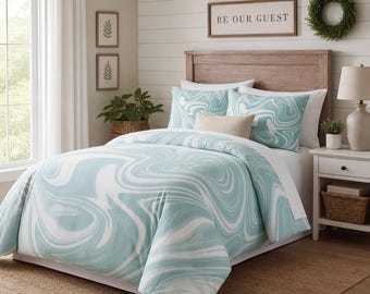 Teal Swirl Cottagecore Duvet Cotton Bed Set | Farmhouse Bedding