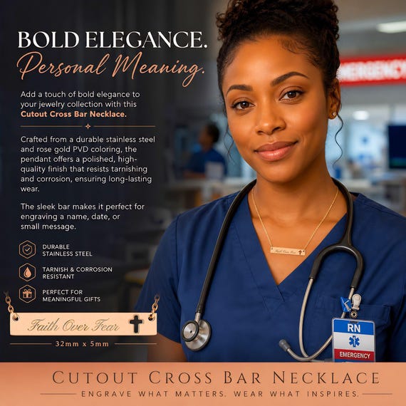Cross Bar Necklace, Engraved 316L Stainless Steel with PVD Coating