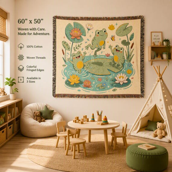 Woven Blanket, 100% Cotton Frog Pond Design | Fringed Nature Throw