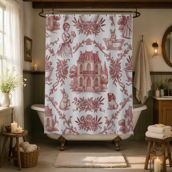 Victorian Toile Lady and Mansion Pink  Shower Curtain | Vintage Bunny Bathtub Pattern