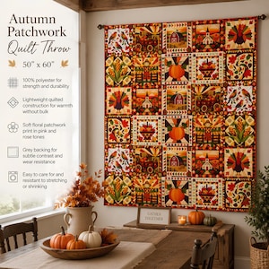 Quilted Throw, Pumpkin Patchwork Fall Quilt in 100% Polyester | 50 x 60 in